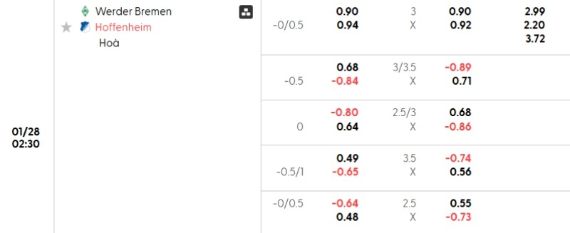 Tỷ lệ kèo Bremen vs Hoffenheim