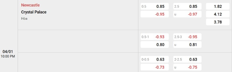 Soi kèo Newcastle vs Crystal Palace hôm nay 04/01 | Vòng 20 Ngoại hạng Anh 3 Tỷ lệ kèo Newcastle vs Crystal Palace